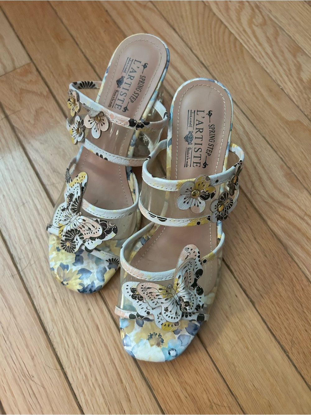 Spring Step Floral Butterfly Open-Back Mules in Cream, Yellow, Blue